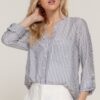 Long-Sleeve Split Round Neck Striped Woven Top – Black