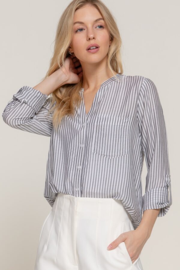 Long-Sleeve Split Round Neck Striped Woven Top – Black