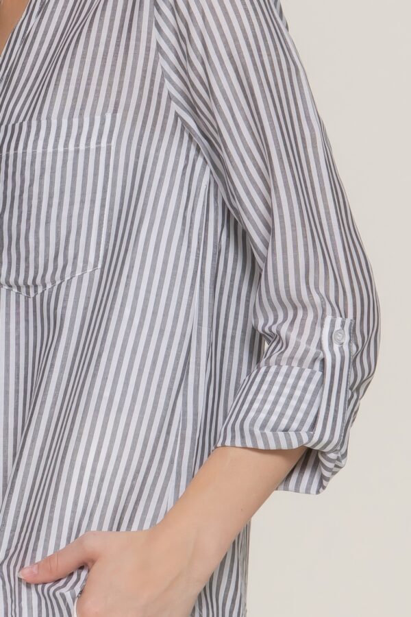 Long-Sleeve Split Round Neck Striped Woven Top – Black