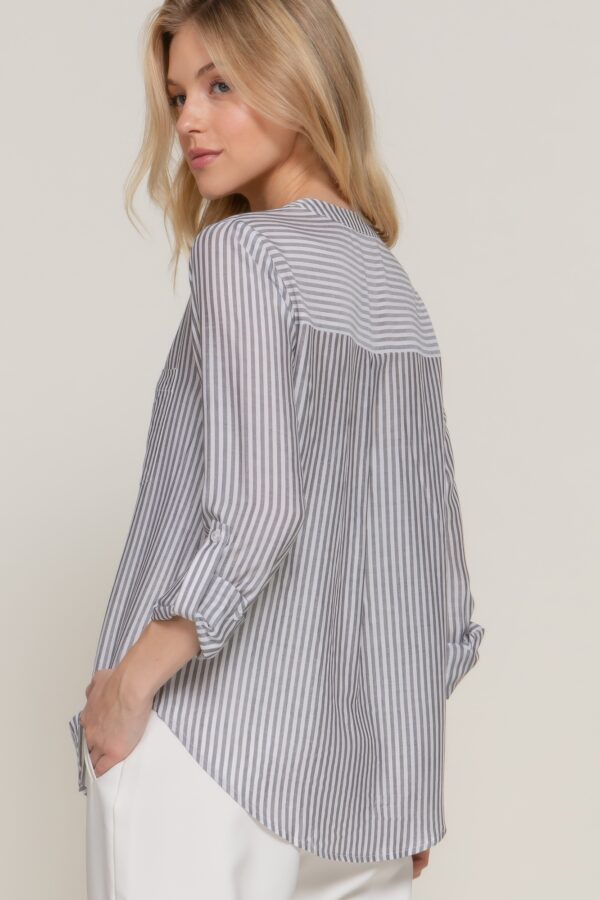 Long-Sleeve Split Round Neck Striped Woven Top – Black