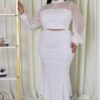 Plus-Size Stretch Skirt Set with Mesh Accents – White