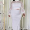 Plus-Size Stretch Skirt Set with Mesh Accents – White