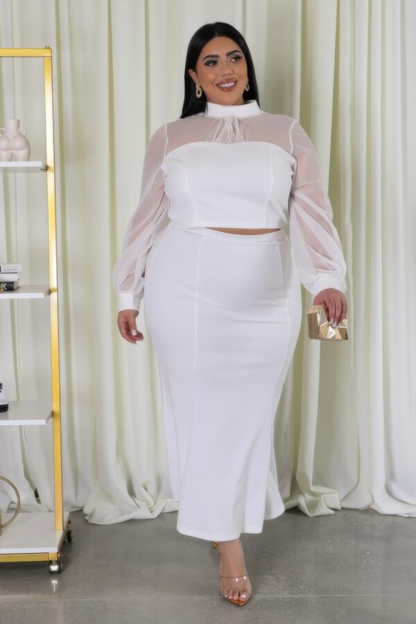 Plus-Size Stretch Skirt Set with Mesh Accents – White