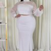 Plus-Size Stretch Skirt Set with Mesh Accents – White
