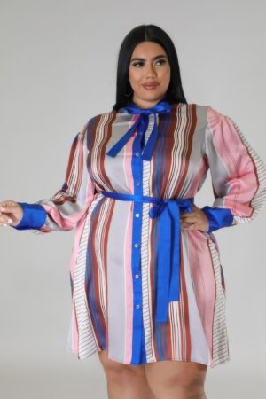 Long-Sleeve Non-Stretch Plus-Size Dress – Brown/Blue