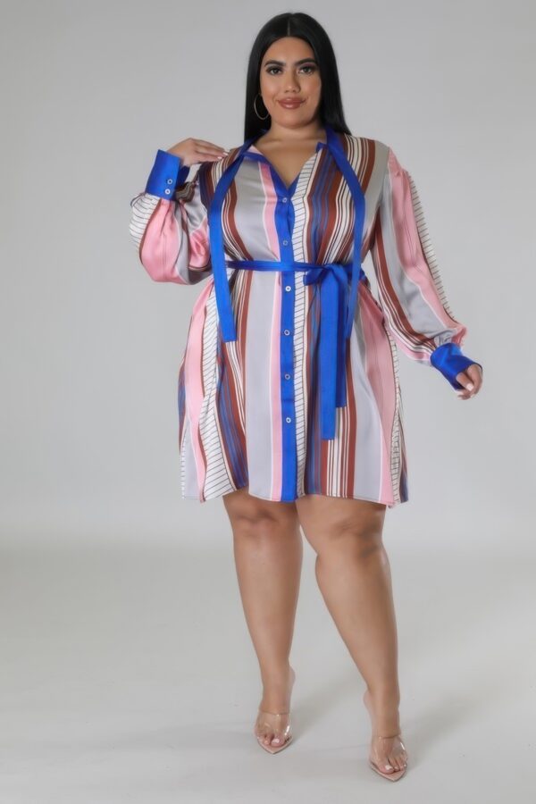 Long-Sleeve Non-Stretch Plus-Size Dress – Brown/Blue