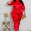 Plus Size Two-Piece Set with Semi-Stretch Bodysuit – Red