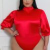 Plus Size Two-Piece Set with Semi-Stretch Bodysuit – Red