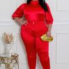 Plus Size Two-Piece Set with Semi-Stretch Bodysuit – Red