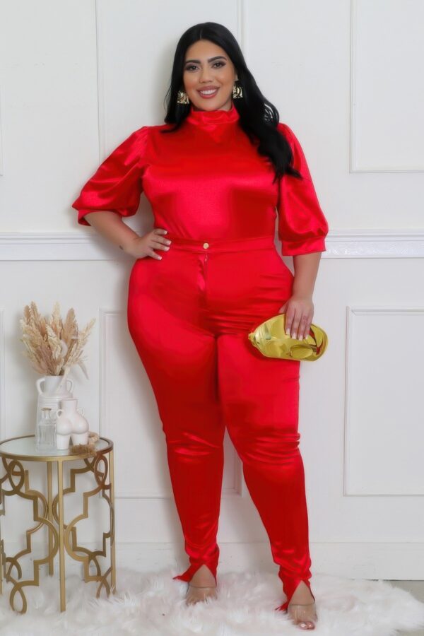 Plus Size Two-Piece Set with Semi-Stretch Bodysuit – Red