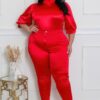 Plus Size Two-Piece Set with Semi-Stretch Bodysuit – Red