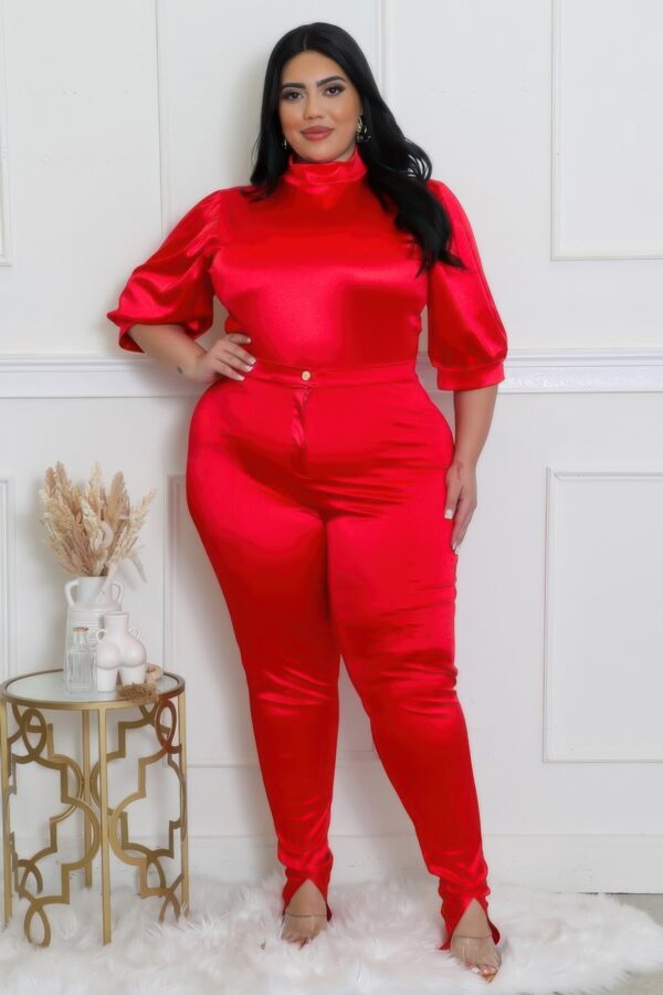 Plus Size Two-Piece Set with Semi-Stretch Bodysuit – Red