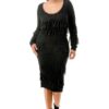 Knit Long-Sleeve Fringe Midi Dress – Black