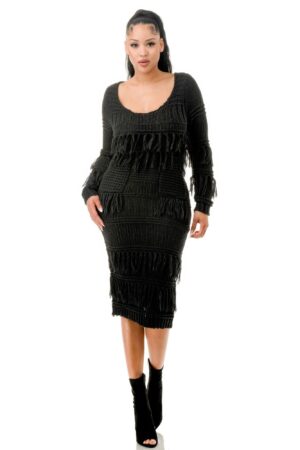 Knit Long-Sleeve Fringe Midi Dress – Black