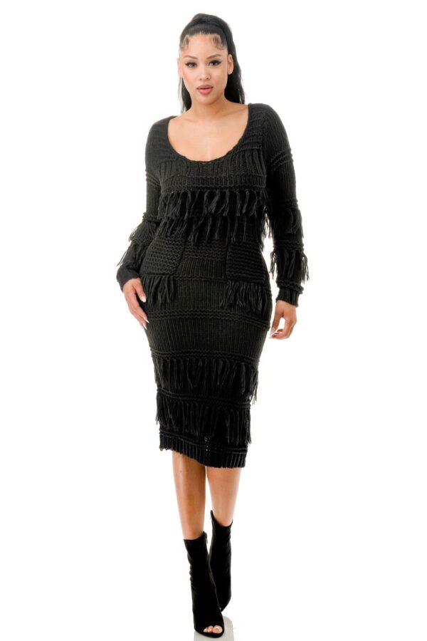 Knit Long-Sleeve Fringe Midi Dress – Black