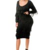 Knit Long-Sleeve Fringe Midi Dress – Black
