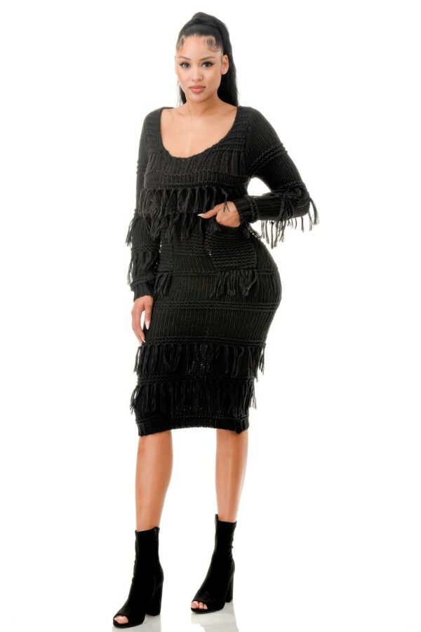 Knit Long-Sleeve Fringe Midi Dress – Black