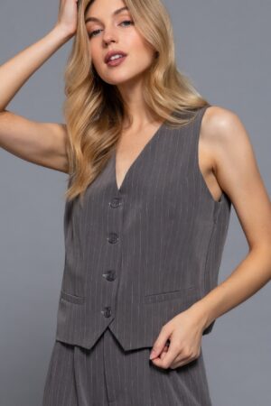 Pinstripe V-Neck Woven Vest with Front Buttons
