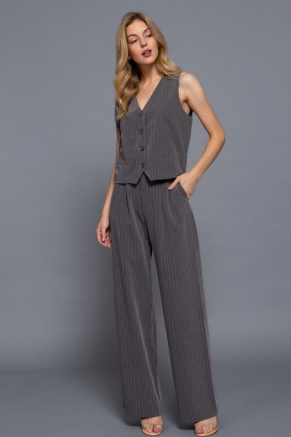 Pinstripe V-Neck Woven Vest with Front Buttons