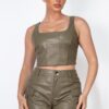 Faux Leather Square Neck Zipper Crop Top – Olive