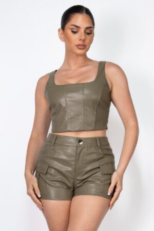 Faux Leather Square Neck Zipper Crop Top – Olive