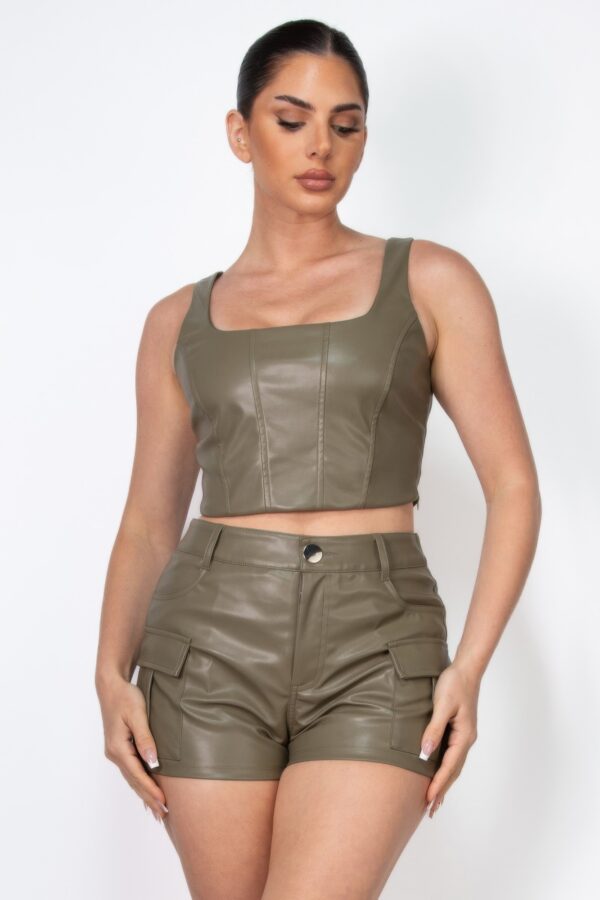 Faux Leather Square Neck Zipper Crop Top – Olive