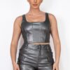 Faux Leather Square Neck Zippered Crop Top – Gun Metal
