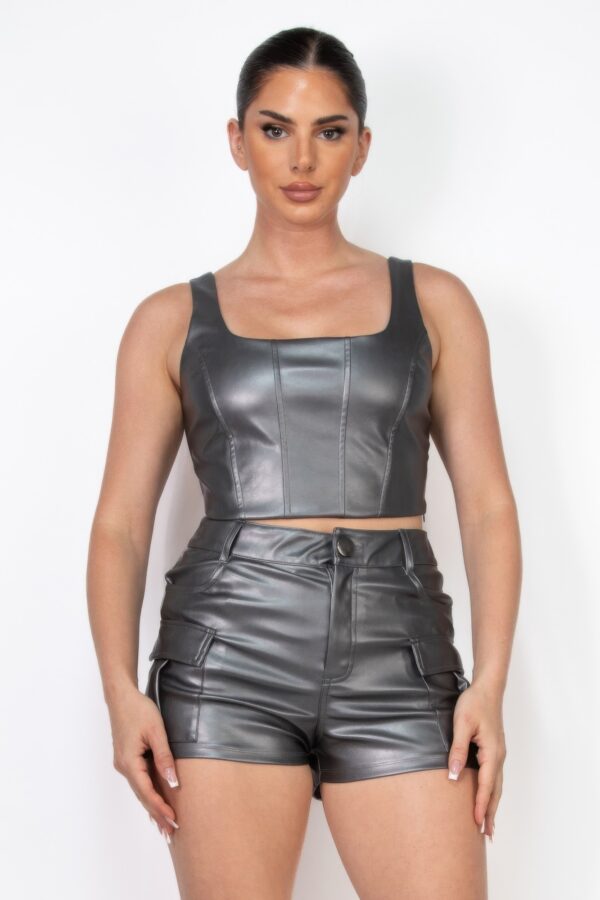 Faux Leather Square Neck Zippered Crop Top – Gun Metal