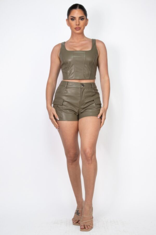 Faux Leather Square Neck Zipper Crop Top – Olive