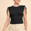 Ruching Shoulder Ribbed Top – Gathered Shoulder Detail, Black
