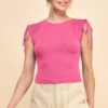Ruching Shoulder Ribbed Top – Pink Girl Cotton-Blend