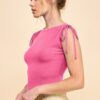 Ruching Shoulder Ribbed Top – Pink Girl Cotton-Blend