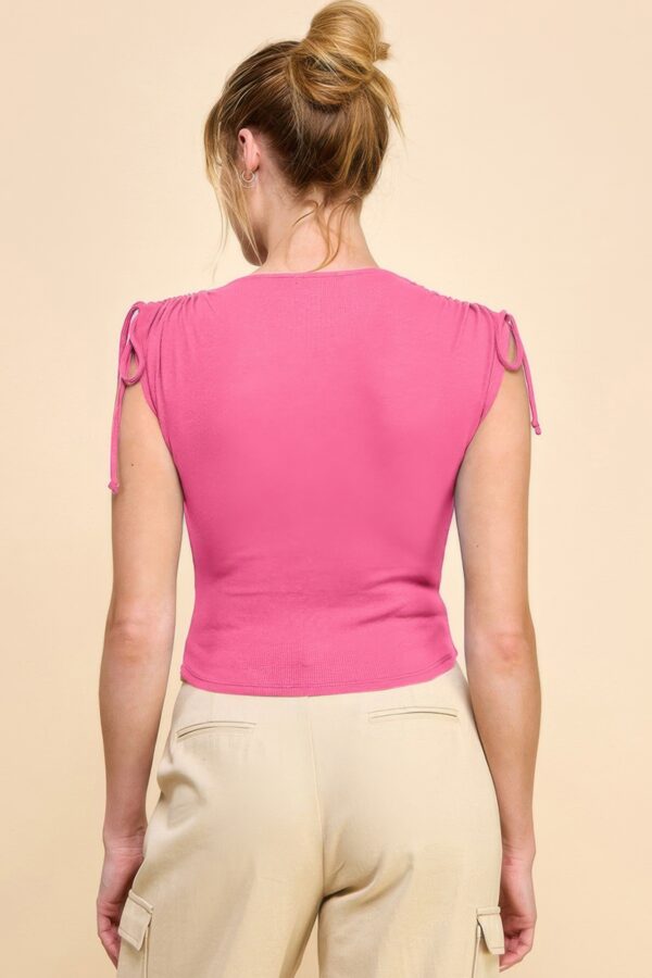 Ruching Shoulder Ribbed Top – Pink Girl Cotton-Blend