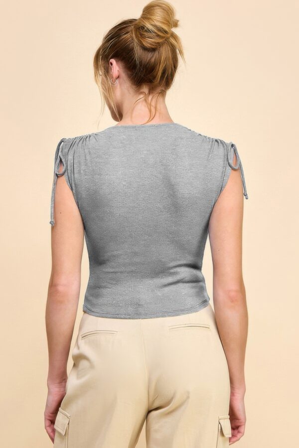 Ribbed Top with Shoulder Ruching – Heather Grey