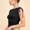 Ruching Shoulder Ribbed Top – Gathered Shoulder Detail, Black