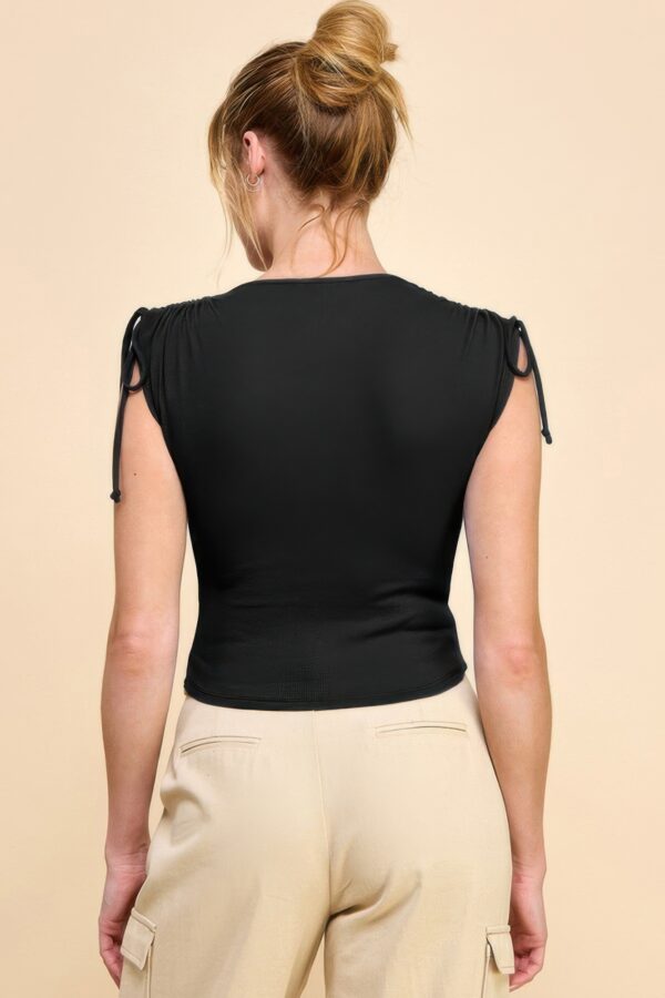 Ruching Shoulder Ribbed Top – Gathered Shoulder Detail, Black