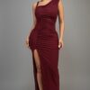 One-Shoulder Glitter Slitted Dress – Burgundy