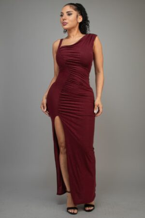 One-Shoulder Glitter Slitted Dress – Burgundy