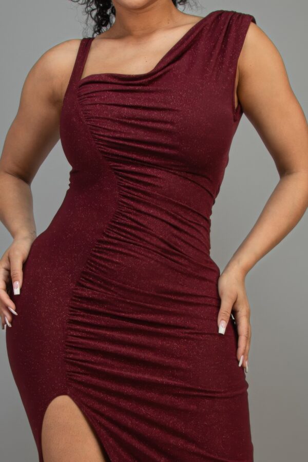 One-Shoulder Glitter Slitted Dress – Burgundy