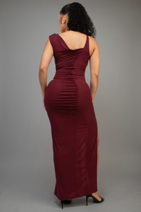 One-Shoulder Glitter Slitted Dress – Burgundy