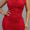 One-Shoulder Glitter Slit Dress – Red
