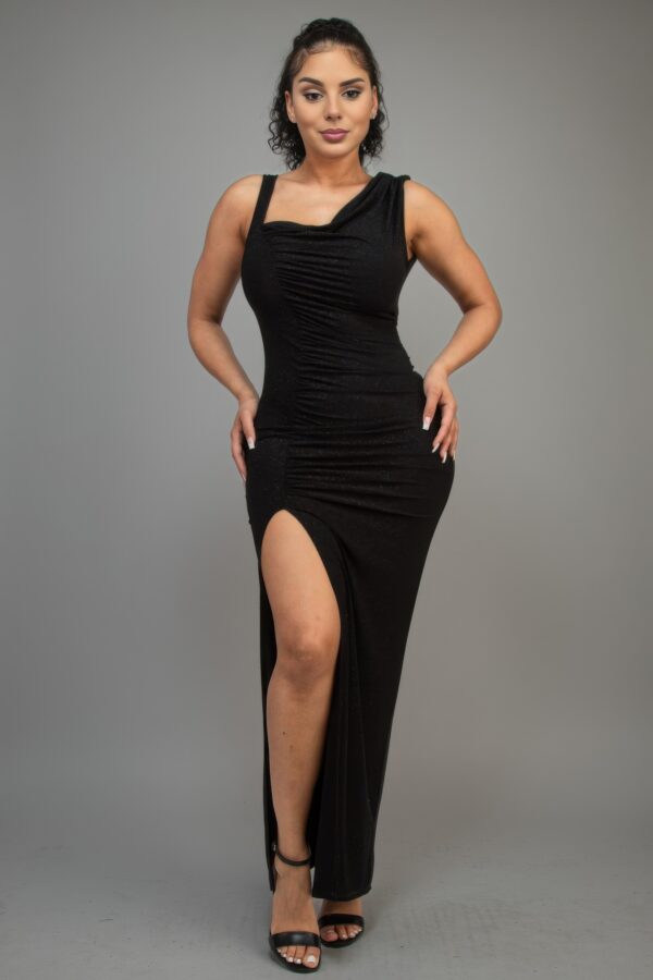 One-Shoulder Glitter Slit Dress – Black (Made in USA)