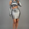 Short Metallic Mini Dress with Hoodie & Glove Sleeves – Silver