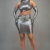 Short Metallic Mini Dress with Hoodie & Glove Sleeves – Silver