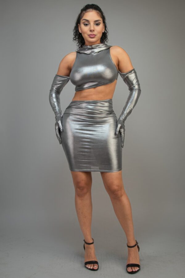 Short Metallic Mini Dress with Hoodie & Glove Sleeves – Silver