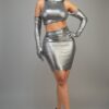 Short Metallic Mini Dress with Hoodie & Glove Sleeves – Silver