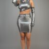 Short Metallic Mini Dress with Hoodie & Glove Sleeves – Silver