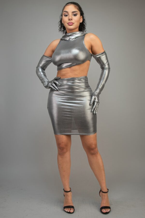 Short Metallic Mini Dress with Hoodie & Glove Sleeves – Silver