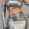 Short Metallic Mini Dress with Hoodie & Glove Sleeves – Silver