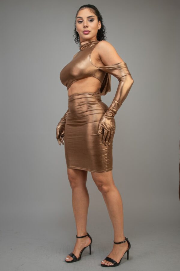 Short Dress with Gloves & Hoodie – Bronze Foil Knit